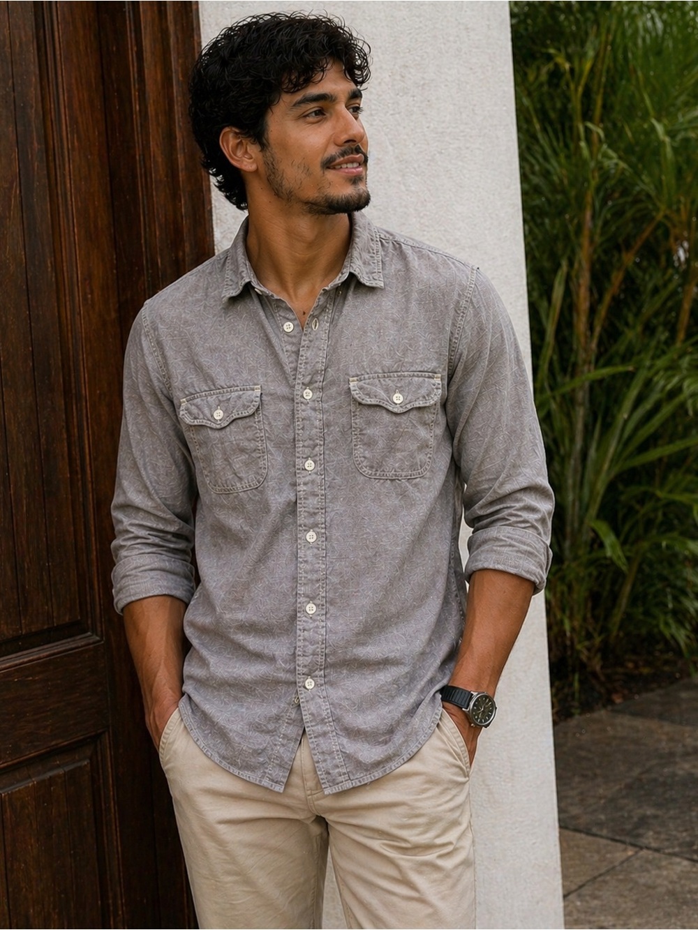 Sonoma Chambray Button Down Shirt Mens M Gray Double Pocket Casual